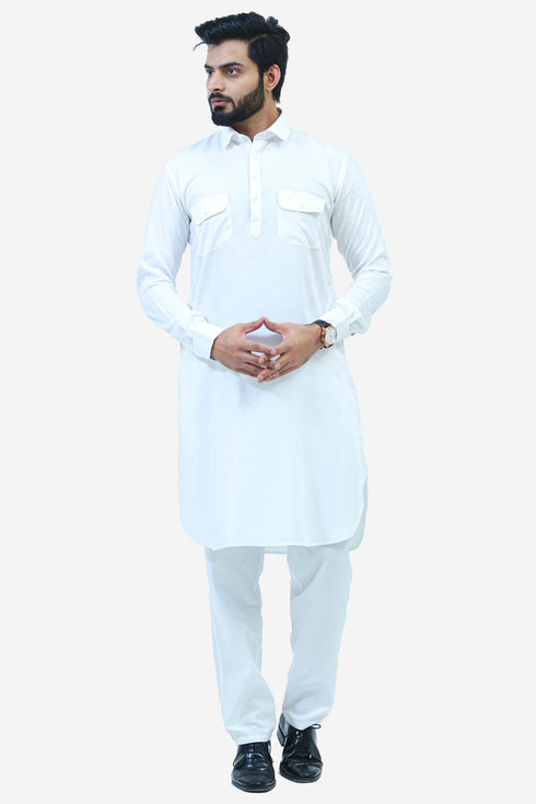 Veshbhoshaa Bluesaanchi Men'S White Pathani Kurta Set